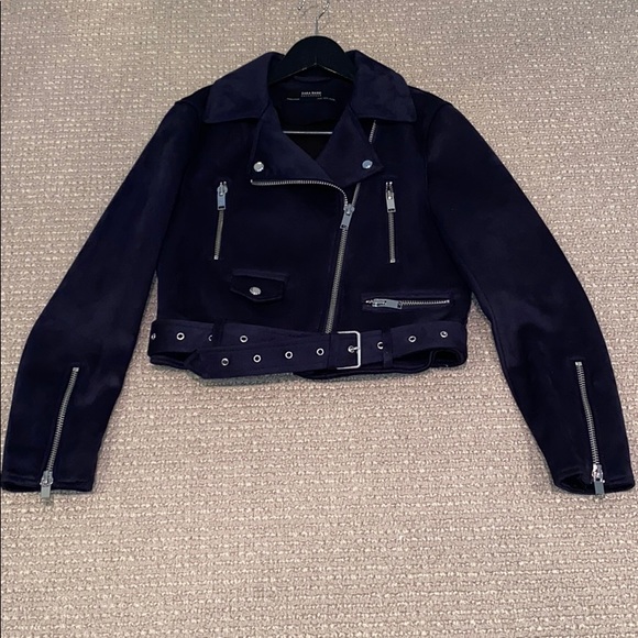 Navy suede cropped bomber jacket w silver hardware - Picture 5 of 8